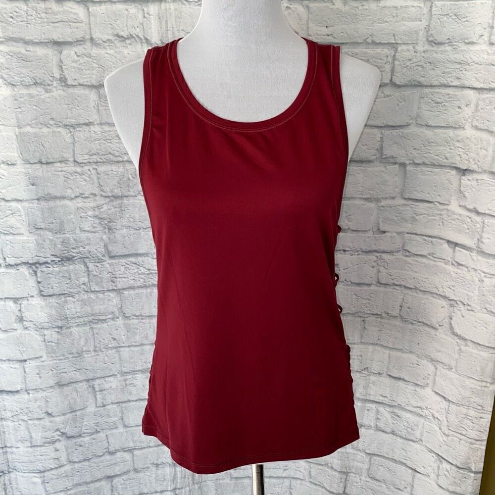 Victoria sport women S scoopneck tank top w/semi sheer criss cross side red